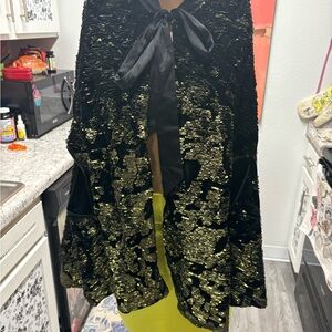 Traffic People Black Velvet w Acid Green Sequins Evening Cape M